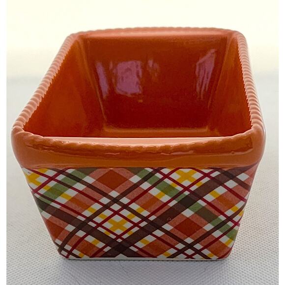 LOAF BAKING DISH-TEMP-TATIONS-Ceramic-Pumpkin & Green-Plaid-Holiday Theme-Small - Picture 4 of 8